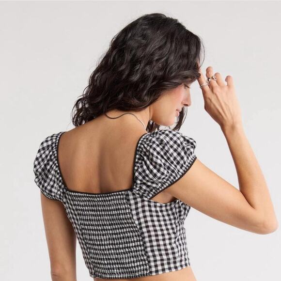 Abound Black and White Crop top Cap Sleeve Checks Gingham Coquette Preppy XL - Picture 2 of 2